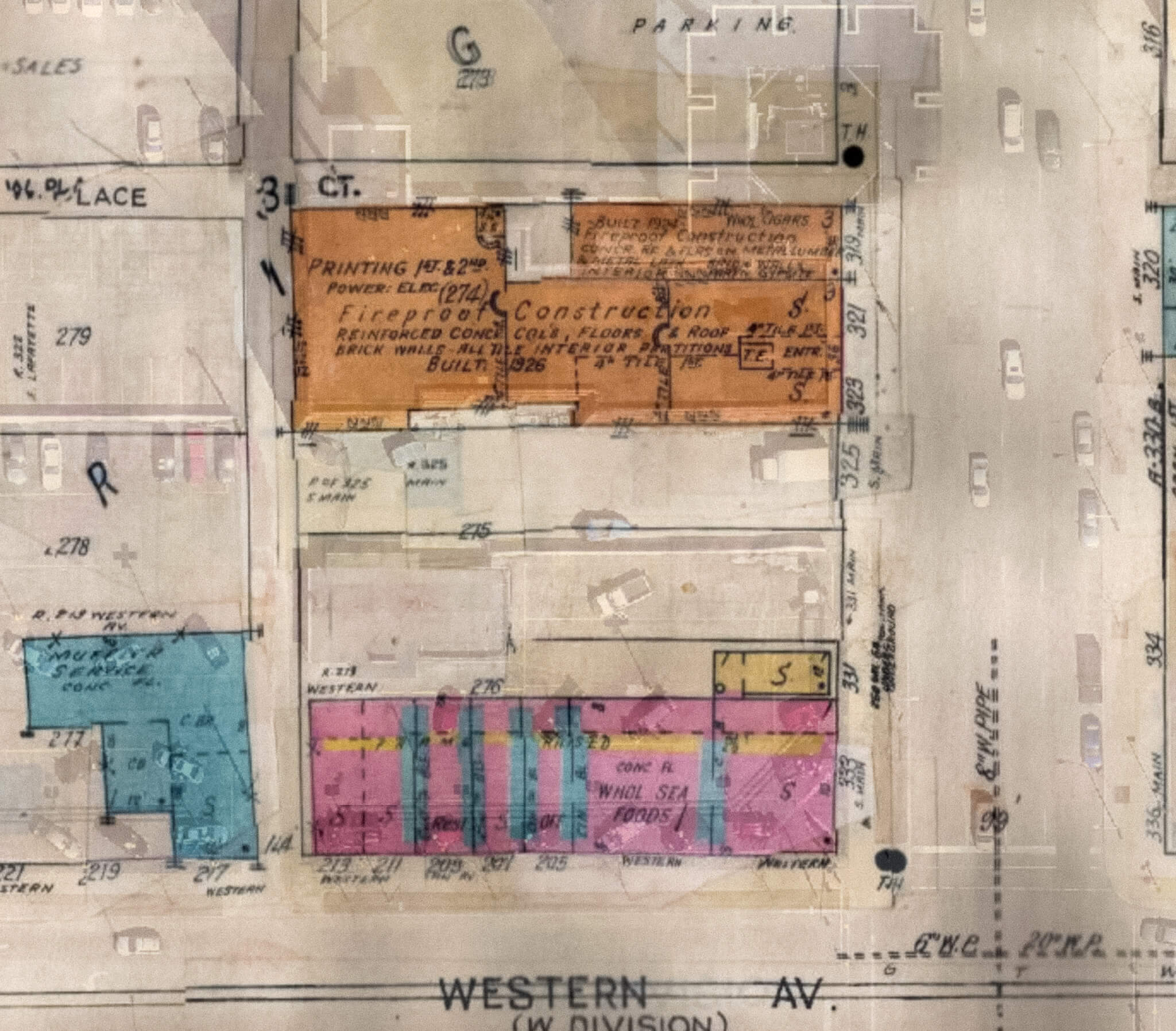 1960 map of the block, with the building shown at the top in orange.