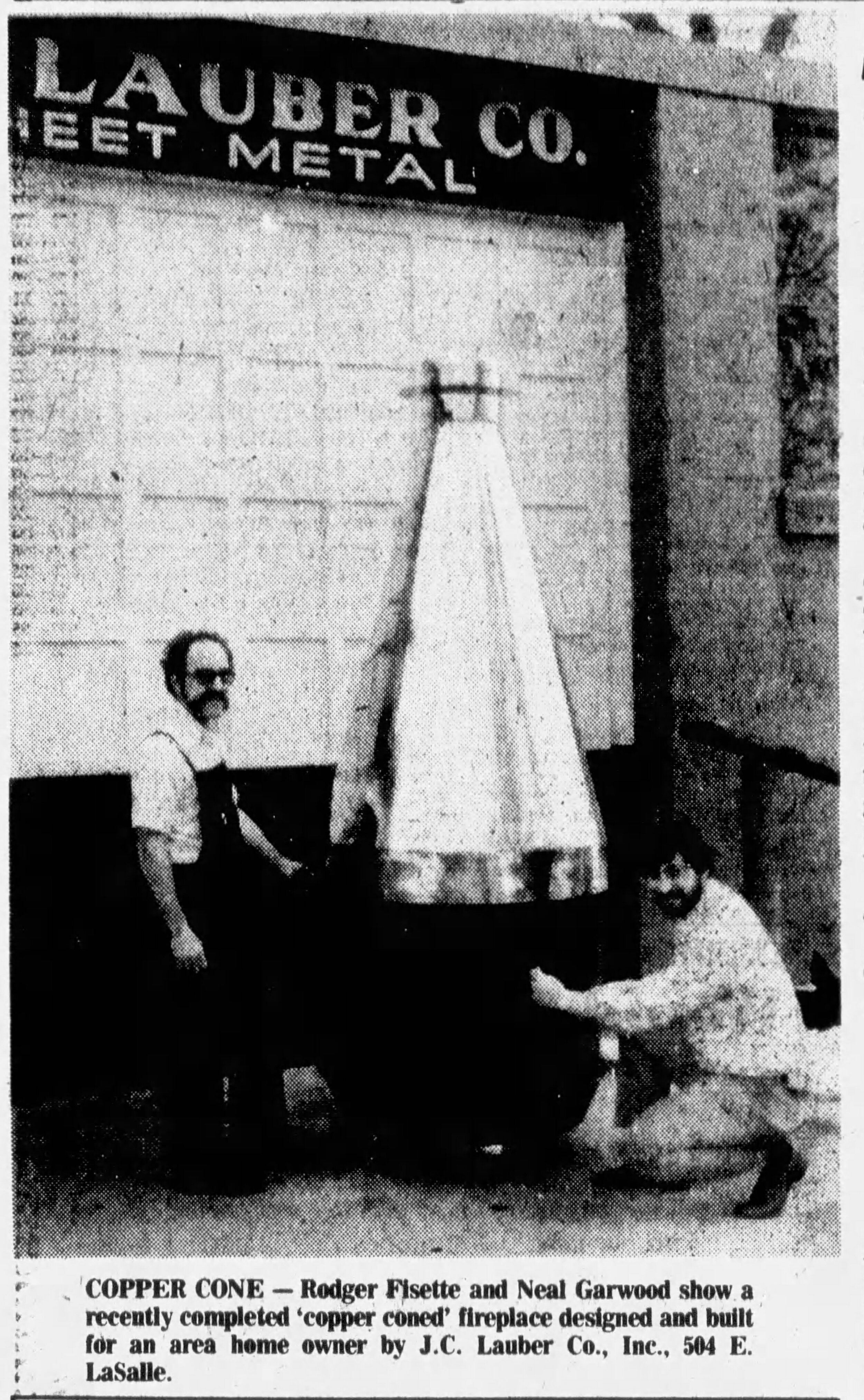 1977 South Bend Tribune photograph of a fireplace made by The J.C. Lauber Company.