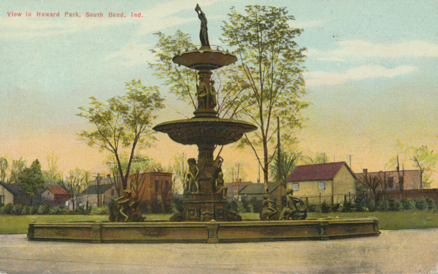 The Studebaker Electric Fountain, now located in Leeper Park, shown at its original location in Howard Park.