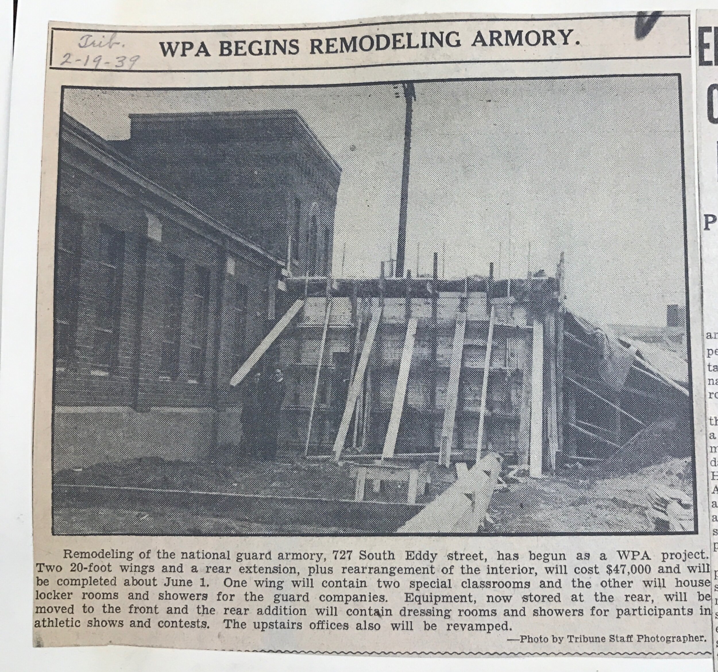 February 2, 1939 South Bend Tribune photo about the Works Progress Administration’s remodeling of the armory.