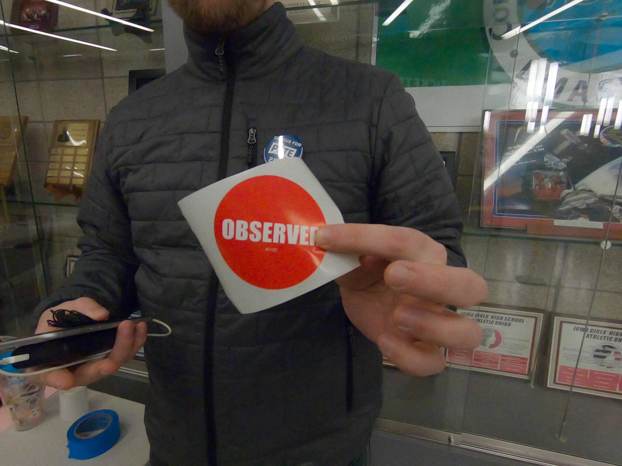 Dustin with his bold caucus ‘observer’ sticker.