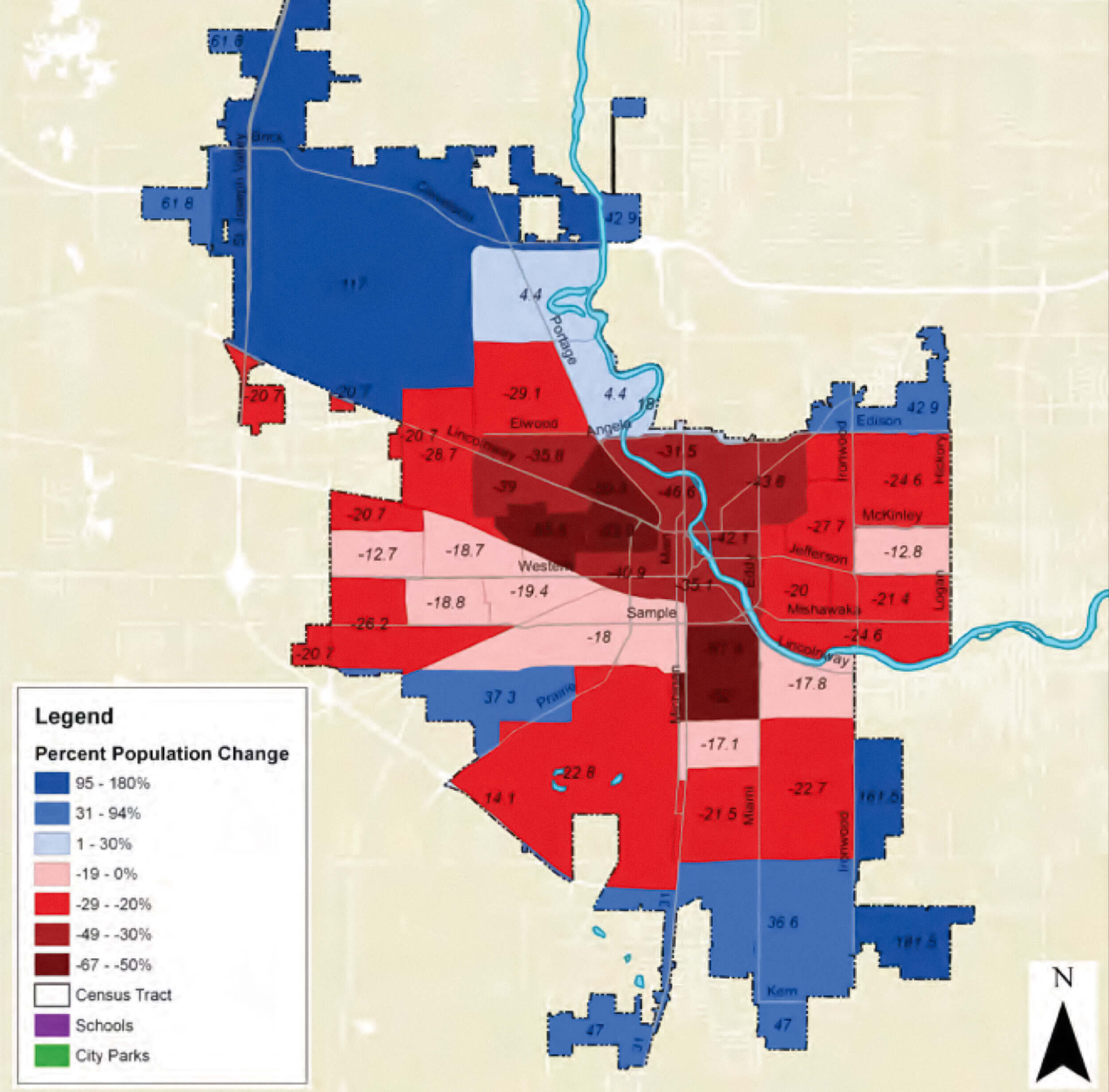 South Bend Vacant and Abandoned Properties Task Force Report 2013 showing percentage decline from 1970 - 2010