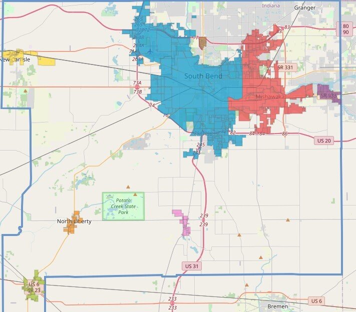 Current boundaries of the incorporated cities and towns of St. Joseph County. Note the high level of development north of South Bend and Mishawaka that is unincorporated.