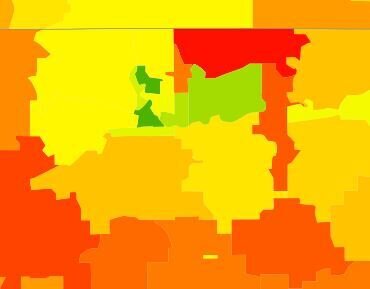 The lower dark green zip code is Downtown South Bend. Farther away from South Bend and Mishawaka, the average household carbon emissions rise. Sourced from coolclimate.org/maps.