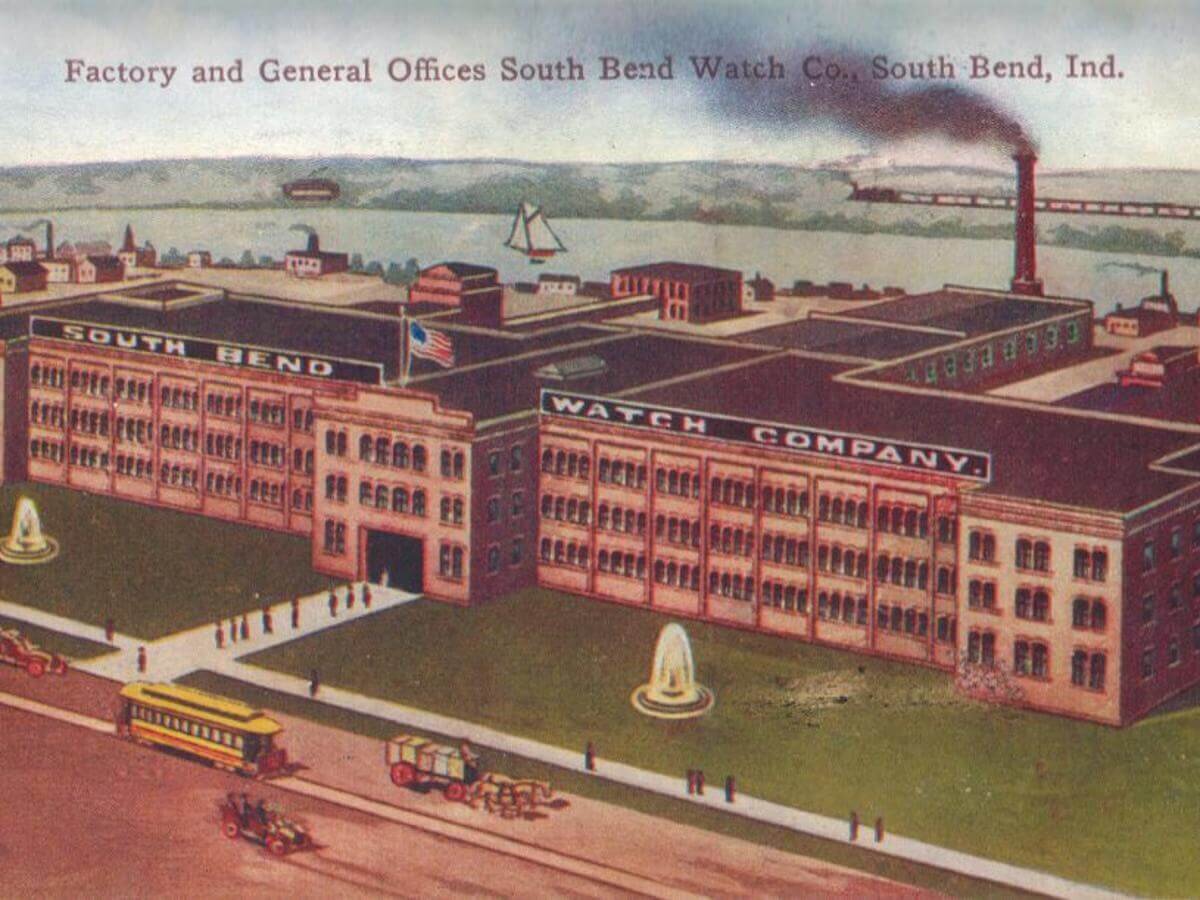 South Bend Watch Factory along Mishawaka Avenue from a 1910 Postcard.