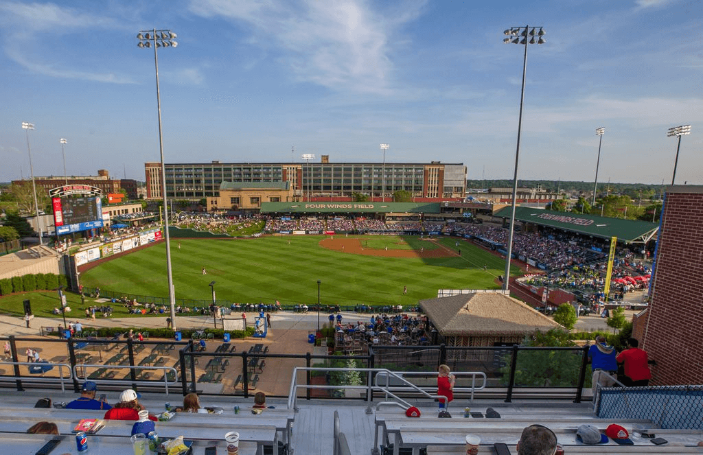 Four Winds Field at Coveleski Stadium nestled downtown in the shadow of a former Studebaker Building. The second ballpark in America built in the Urban Renaissance tradition. Photo Credit South Bend Cubs.&nbsp;